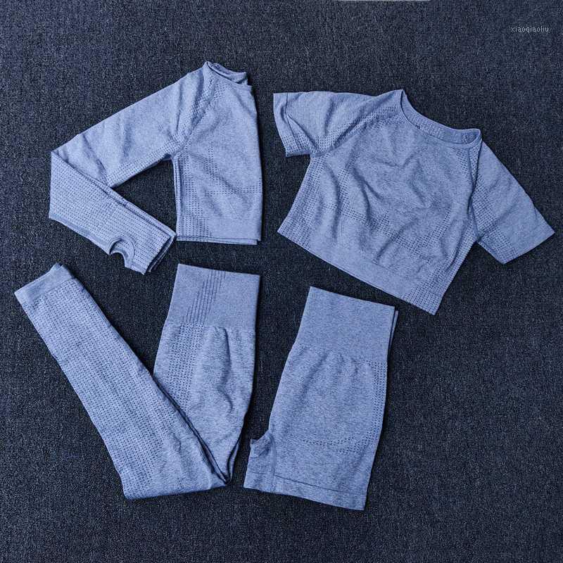 

4Pcs Yoga Set Sports Wear For Women Gym Clothing Sports Suit Fitness Long Sleeve Crop Top High Waist Leggings Suits1, Black