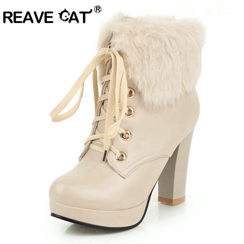 

REAVE CAT Shoes woman Zapatos de mujer Botas mujer Women ankle boots Platform High heels Faux fur Cross-tied Big size Cool A14691, Black