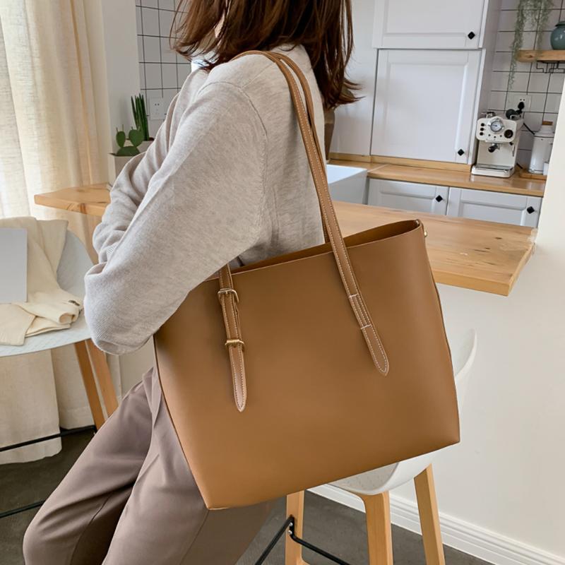 

2021 Women Tote bag Solid Women's PU Leather Handbags Luxury Lady Hand Bags Purse Pocket Women Composite bag Big Tote Sac Bolsa, Light brown