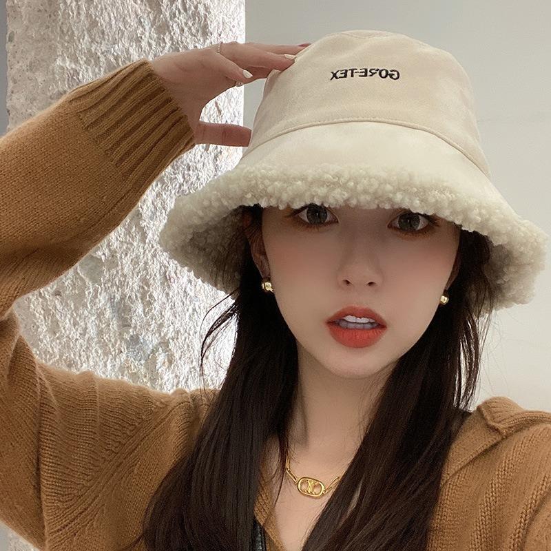

Korean Version of The Double-sided Hat Female Autumn and Winter Lamb Plush Fisherman Hat Wild Retro Student Warm Basin, White