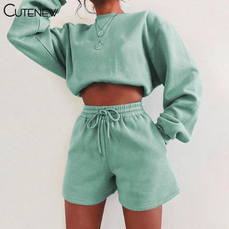 

Women's Tracksuits Cute Cotton Casual Solid Sports Two Piece Sets Women Outfits Autumn Loose Sporty Tops+Shorts Stretch Matching Lady Street, Gray