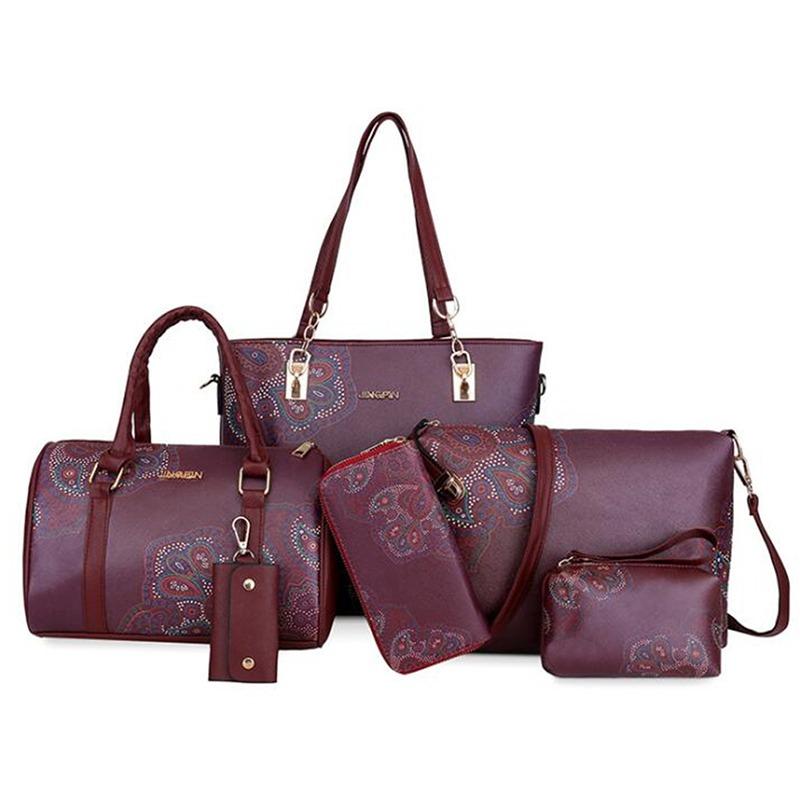 

6 Piece Set Chinese Composite Bag Ladies Handbags Tote Card Holder Purse Women Composite Bag Set bolsa feminina, Purple