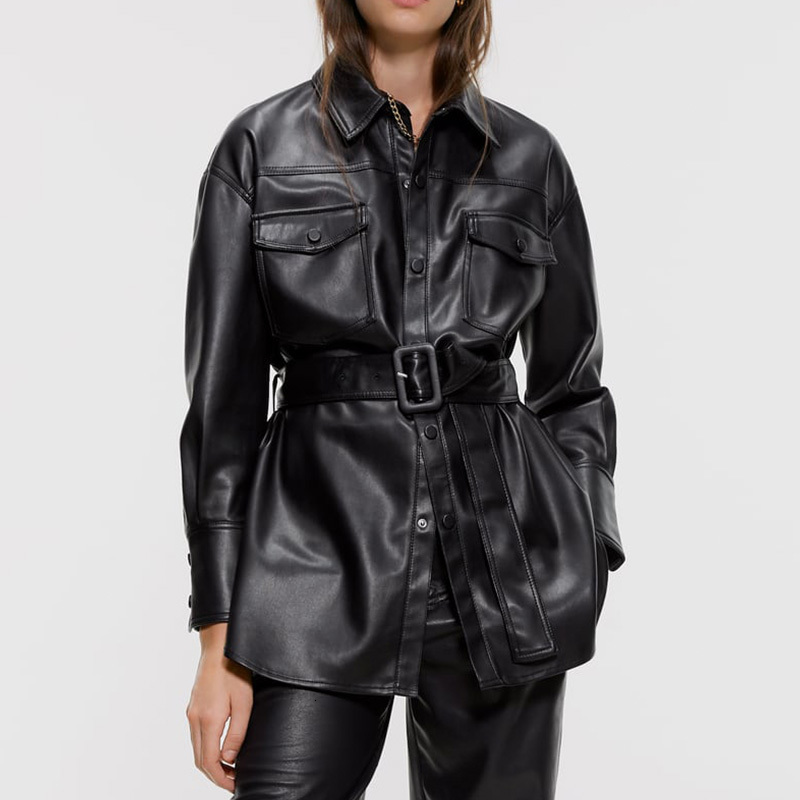

2021 New Women Leather Spring Turn Down Collar Plutonium Jacket with Thin Belt Adjustment Medium Black Jackets Outwear B6QS