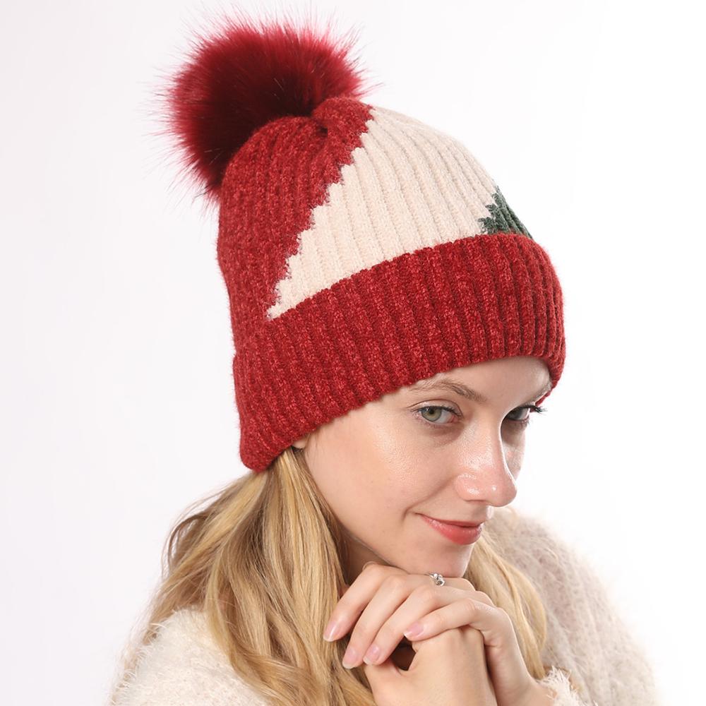 

New Autumn Winter gentle lady cotton simple cute 3-color patchwork crimped warm earflaps knitted hat soft wool ball beanie hats, White