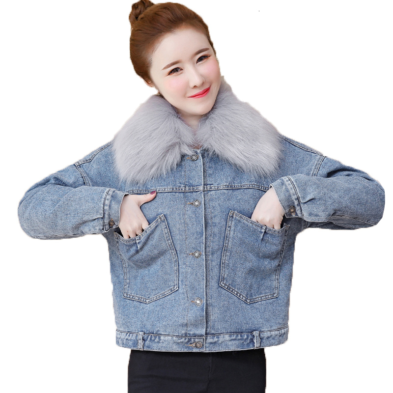 

2021 New Plush Jacket Women Casual Short Big Fur Collar Female Clothing Overcoat Winter Loose Thick Denim Cardigan Coat A134 50ph, Gray fur collar