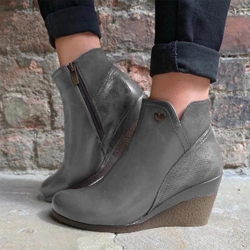 

2020 Boots For Women Height Increasing Fashion Big Size Women's Zip PU Leather Boots Wedge Female Footwear Autumn Winter, Khaki