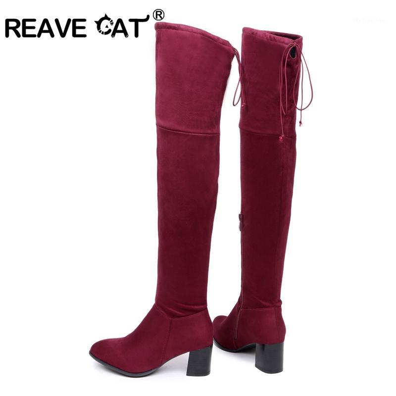

REAVE CAT Women Long boots Top quality Flock Zipper Autumn winter Warm High heel boots Over the knee Solid Fashion Casual A8451, Black