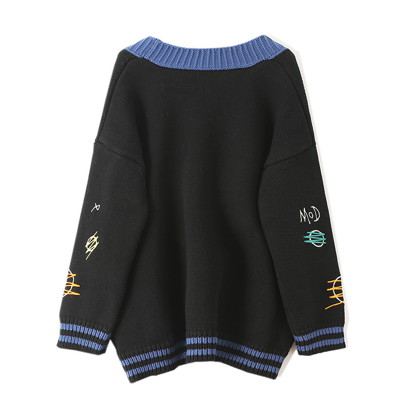 

High Quality Feminine Cartoon Embroidery Female Mesh Designer Cardigans Outerwear Loose Retro Button Jumpers Eprw, Black