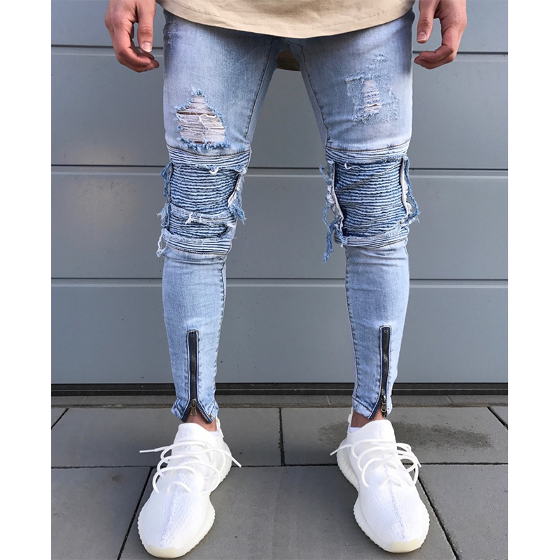 

Men's Jeans Light-colored Motorcycle Ripped Skinny Trendy Jeans, Blue