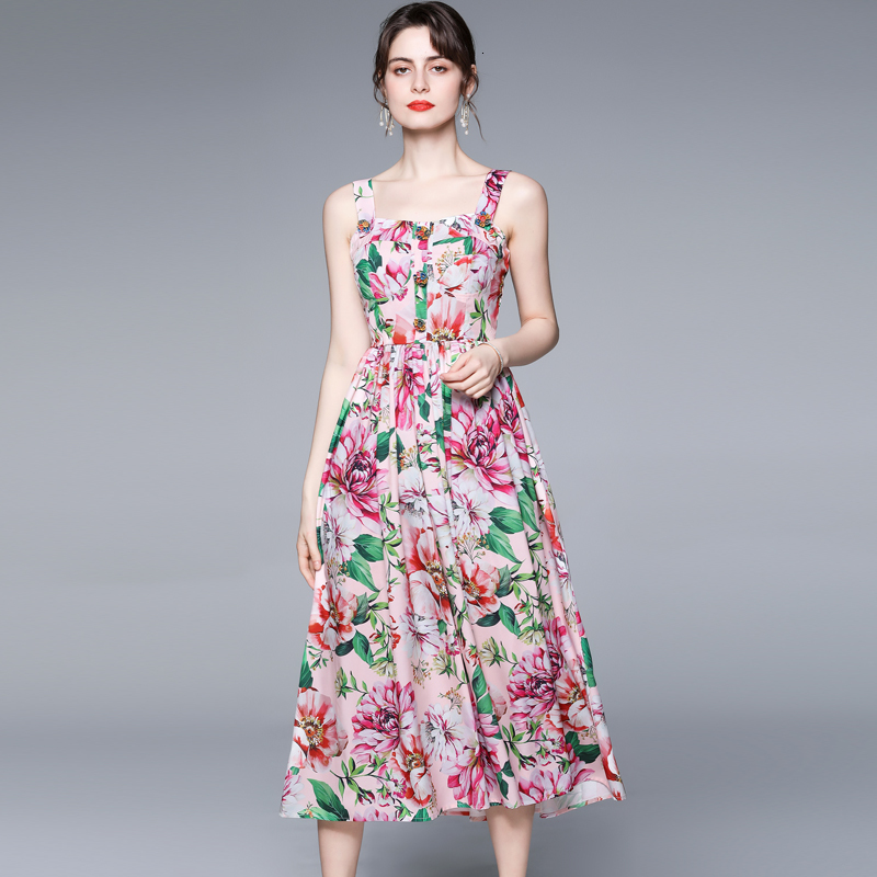 

New 2021 Summer Runway Beading Petal Buttons Spaghetti Stap Women Elegant Printed Beach Long Pleated Es Ukjq, Design and color