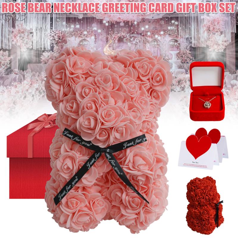 

Rose Bear Rose Teddy Bear and Necklace Card Gift Box Set for Anniversary Birthdays Bridal Showers Mother's Day FPing