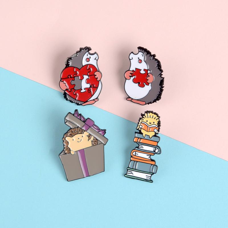 

Pins, Brooches Cute Hedgehog Lapel Enamel Pins Jigsaw Love Heart Reading Books Hidden In Box Badges Bag Jewelry Gifts For Couples