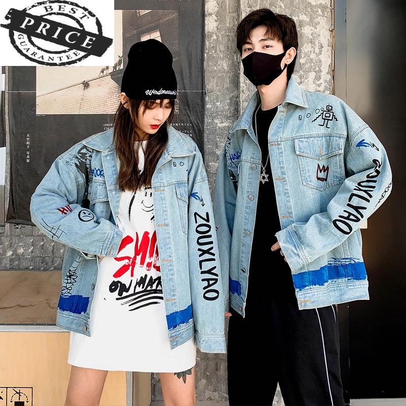 

2021 Hip hop denim jacket spring and autumn new graffiti hand-painted denim jacket loose size coat, Blue