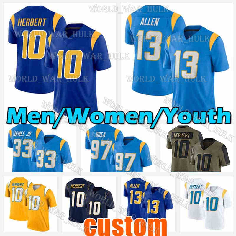 

10 Justin Herbert Football Jersey 13 Keenan Allen Los Angeles''Chargers''Derwin James Jr Joey Bosa Austin Ekeler Murray, Black;red