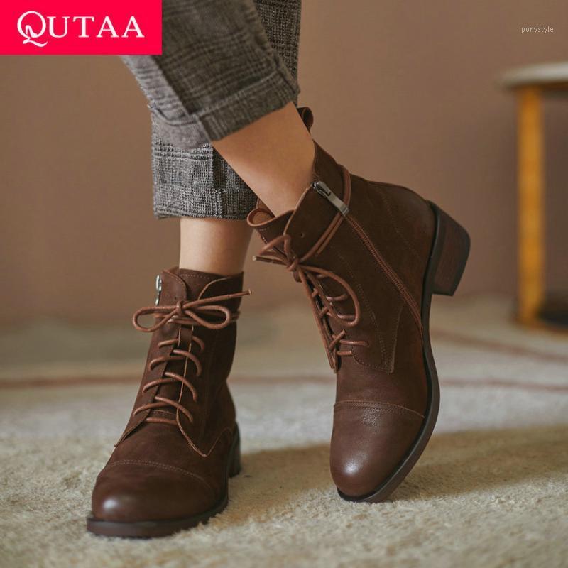 

QUTAA 2021 Lace Up Zipper Autumn Winter Ankle Boots Square Heel Round Toe Short Boots Quality Cow Leather Women Shoes Size 34-421, Black