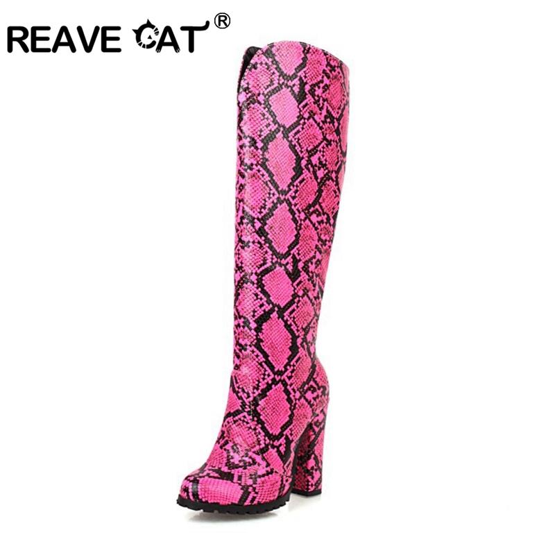 

REAVECAT Winter Knee-high boots Round toe 11cm Square heels faux leather Zip Snake Big size 34-48 Green Yellow Work A3204, White