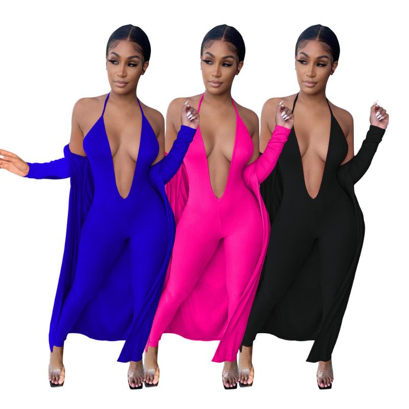 

Sexy Club Partywear Solid 2 Two Piece Set Tracksuit for Women Halter Neck Skinny Jumpsuit+long Sleeve Open Stitch Fitness Outfit, Blue