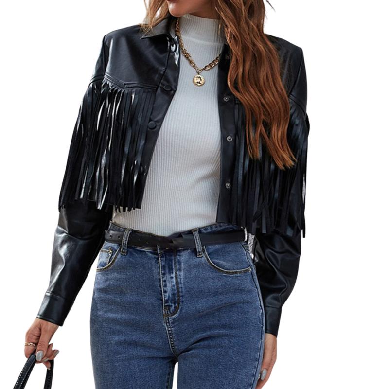 

Women's Jackets Women Clothing Solid Color Fashion PU Leather Coat Casual Single-breasted Lapel Jacket Tassel Decor Short Outerwear, Black;brown