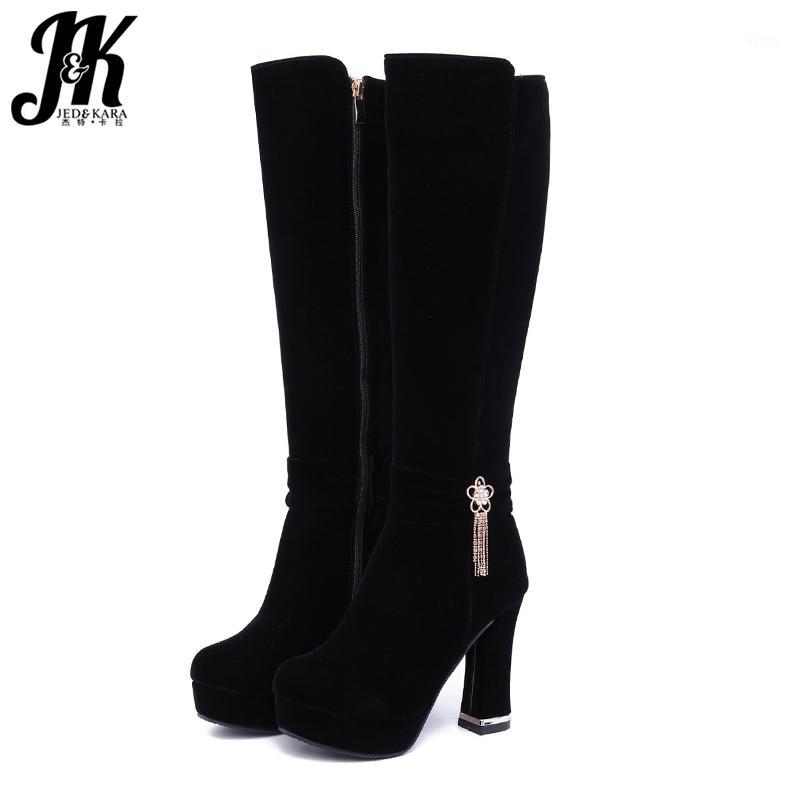 

JK Knee High Boots Women Zip Platform Boot Ladies Round Toe Flock Shoes Female Metal High Heels Thick Shoes Winter 2020 New1, Black short plush