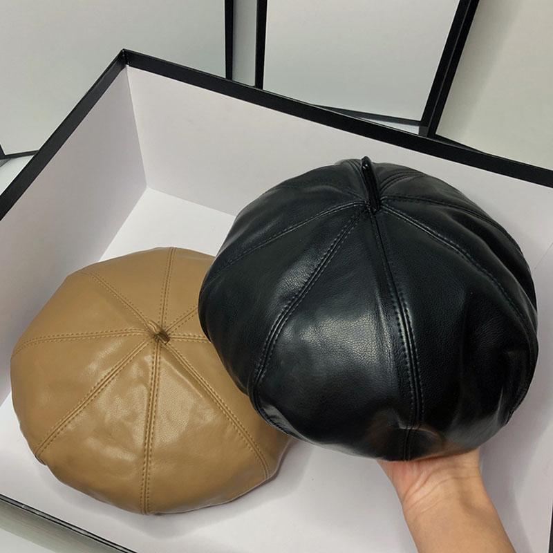 

Fashion Women PU Leather Octagonal Caps Newsboy Cap Vintage Bonnet Beret Style Retro Leather Hat Cowboy, Black