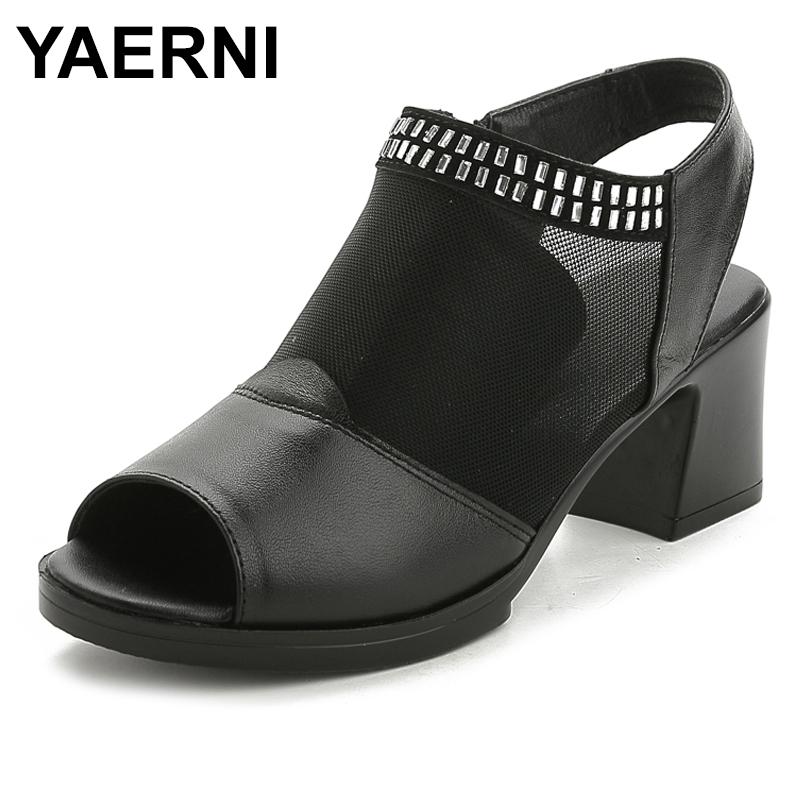 

YAERNI 2021New Genuine Leather Shoes Brand Rhinestone Mesh Sandals Women Shoes Ankle Boots Fashion Summer Sandals Women, Black 1