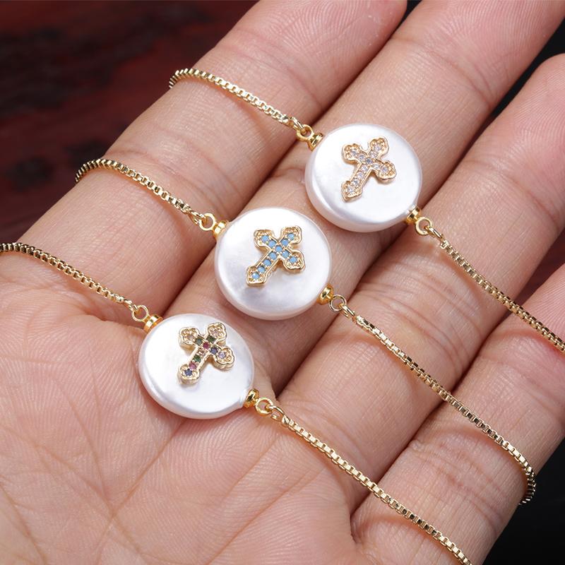 

5pcs/lot white sky blue mix cz paved religious gold cross charm round pearl bead connector thin link woman bracelets jewelry
