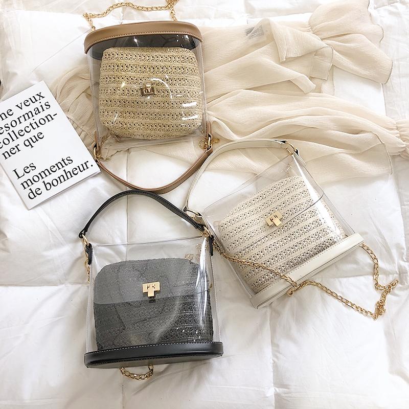 

2021 Fashion Designer Women Shoulder Tote Bag Lady Transparent Leather Messenger Handbag Female Khaki Prom Party Bucket Bags, Black