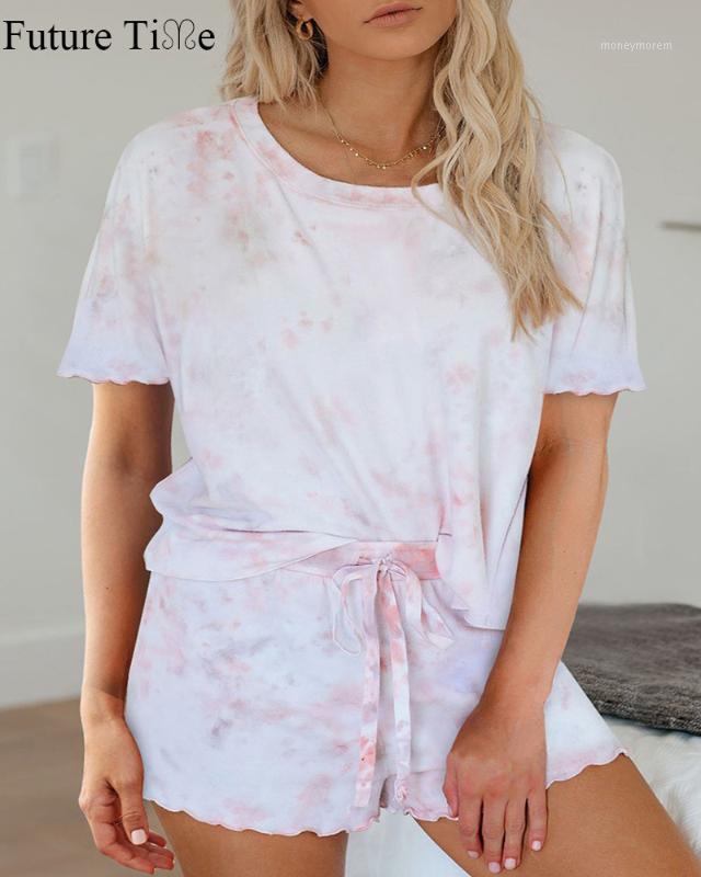 

Future Time Casual Home Clothes Suit Women New Dye Printing Round Neck Short Sleeve Split Pajamas Three Colors SP6271, Pink
