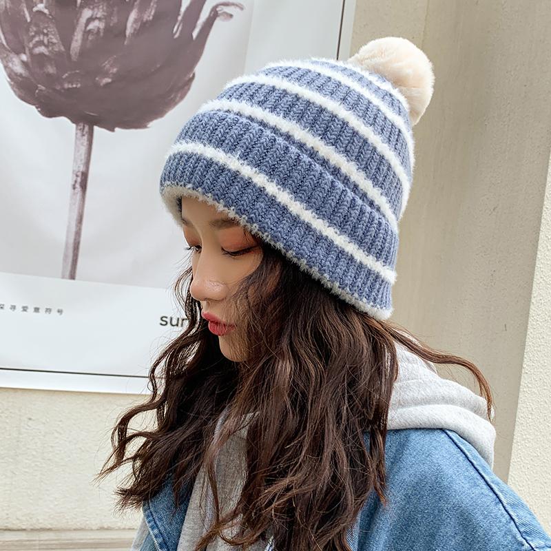 

Autumn Winter Knitted Wool Hats For Women Fashion Pompon Beanies Fur Hat Female Warm Caps With Cap, Blue