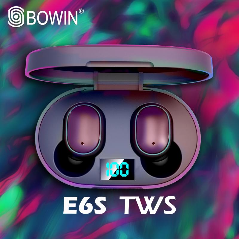 

BOWIN 2020 LED Display E6S TWS Noise reduction Stereo earplugs movement microphone Bluetooth 5.0 Earphone Hands free USB Earplug, Black