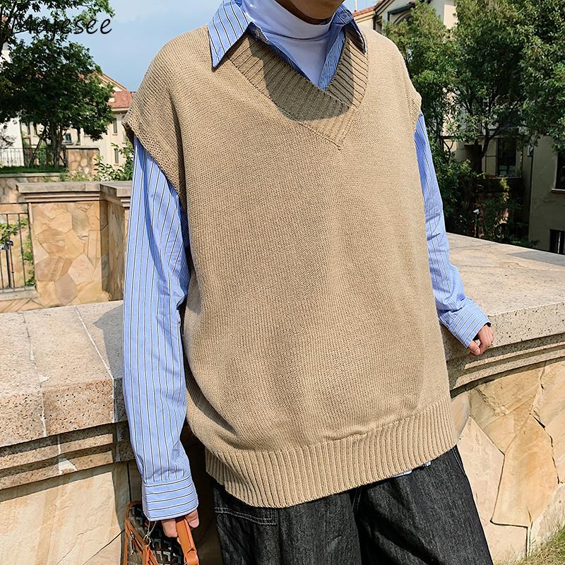 

Sweater Vest Solid Men Retro V-neck Loose Korean-style Chic Trendy All-match Male Leisure Sweaters Spring-autumn Teens Ulzzang, Black