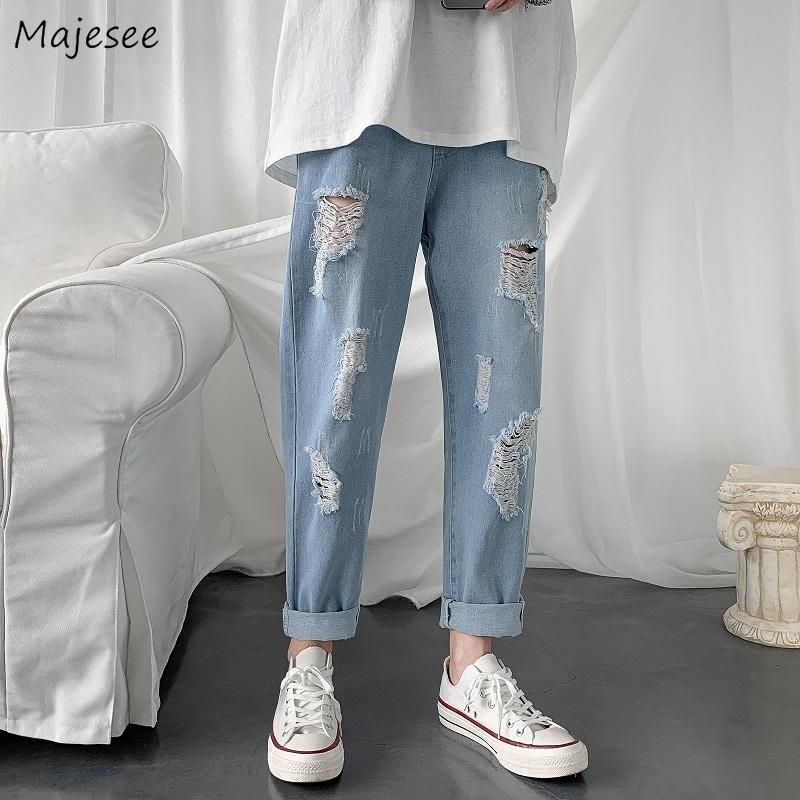 

Men Jeans Plus Size 5XL Straight Loose Hole Ankle Length Elastic Waist Solid All-match Trendy Males Leisure Chic Baggy Vintage, Light blue regular