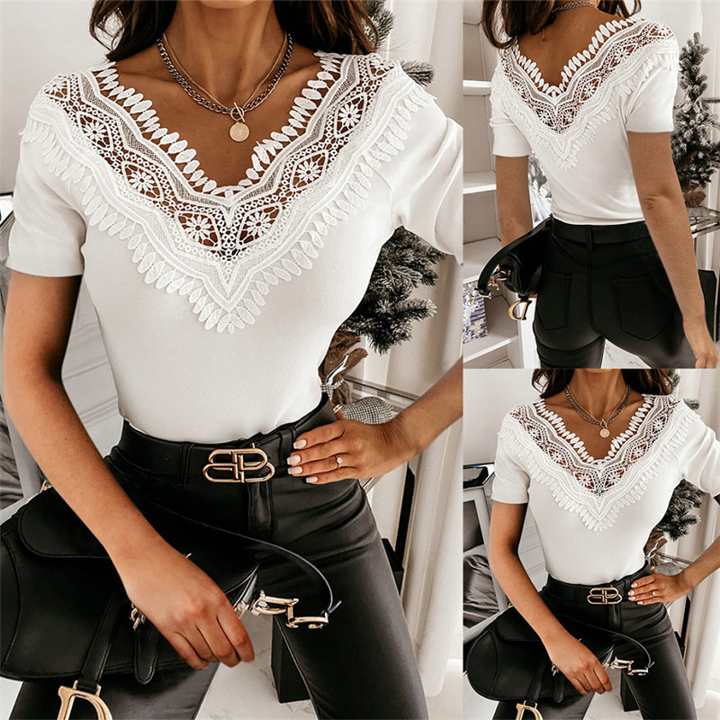 

Fashion Women Skinny Summer T-Shirts Patchwork Design Lace Ruffles Decor V-Neck Short Sleeve Solid Pullovers Top T-shirt Street WJN1, Beige