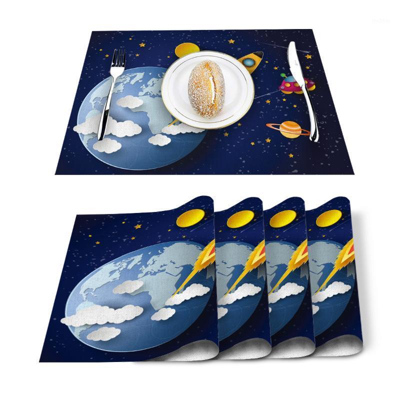 

4/6 Pcs Placemat Table Mat Galaxy Cartoon Rocket Universe For Tables Heat-insulation Linen Cotton Kitchen Dining Pads Set1