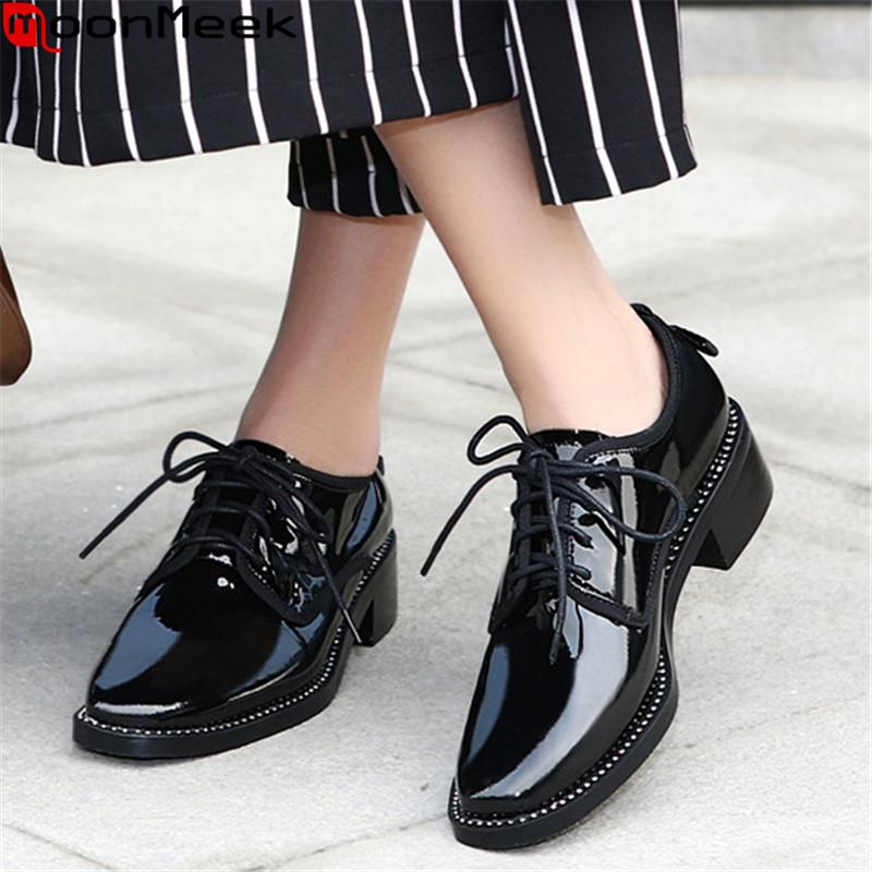 

MoonMeek 2020 new arrive autumn casual shoes genuine leather fashion lace up women shoes med heels square toe women pumps, Black