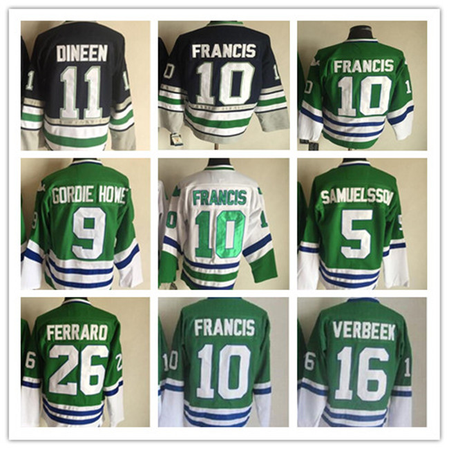 

CCM Retro Mens #10 Ron FRANCIS Hockey Jersey 9 GORDIE HOWE 1 LIUT 11 DINEEN 15 TIPPETT 16 VERBEEK White Green Vintage Hockey Jerseys Stitched, #10 francis green 2