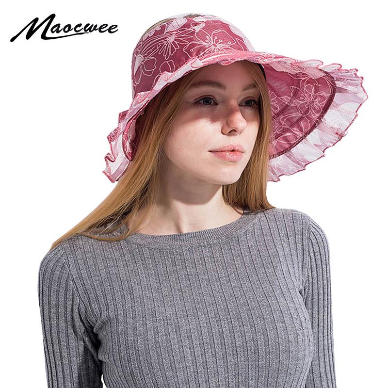 

Wide Brim Hats Brand Women Sun Flower Pattern Packable Simple Visor Hat With Big Heads Beach UV Protection Female Caps