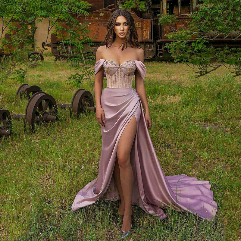 Dubai Prom Party Dresses High Split Beads Sequined Purple Evening Gowns Long Off Shoulder Celebrity Dress 2022-image-749264396