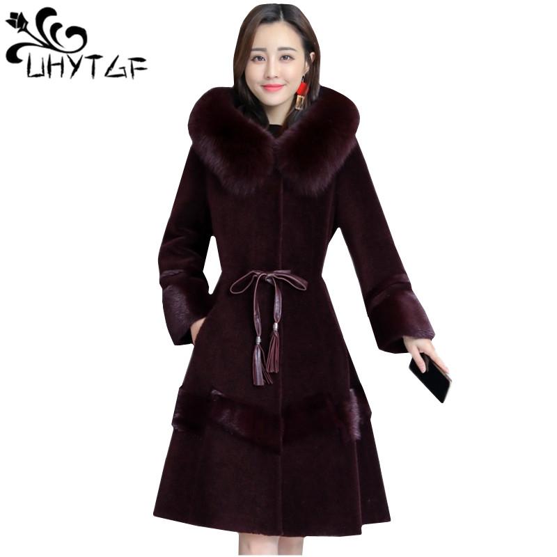 

UHYTGF New winter fur jacket Womens high quality Sheep shearing Mink hair long outerwear Faux fur collar hooded Lady coat 83, Black