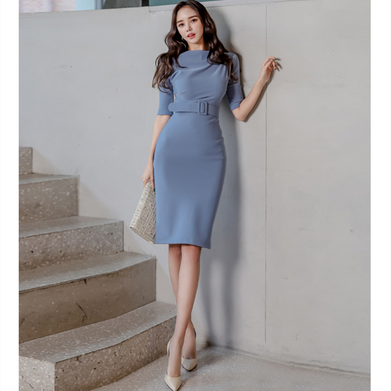 

2021 New Women Bodycon Office Lady Spring Summer Clothes Long Sleeve Sexy Party with Belt Gkyq, Blue