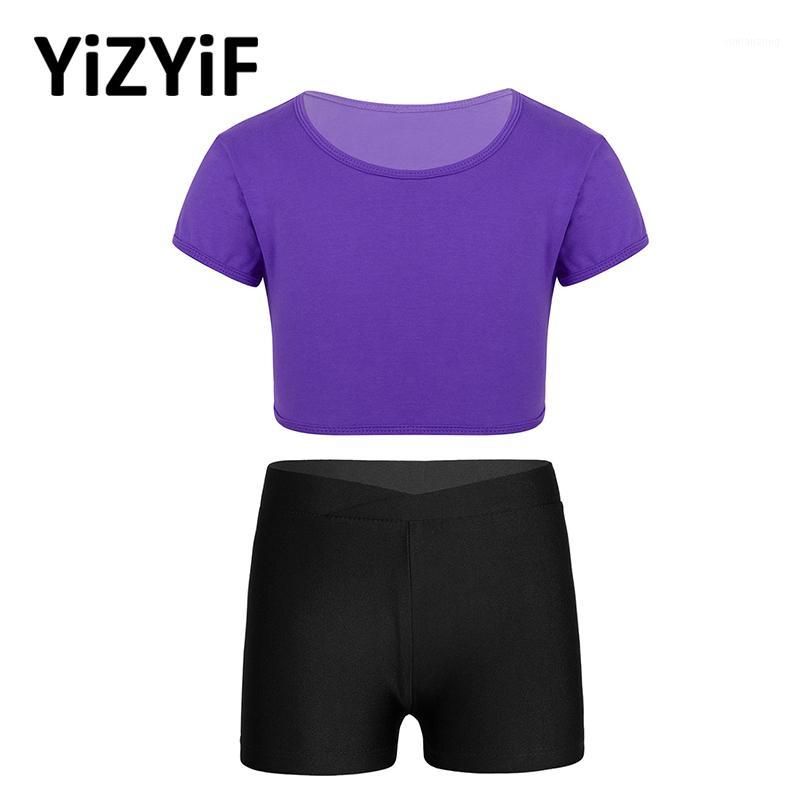 

Kids Girls Activewear Outfit Dance Gymnastics Costume Sports Workout Fitness Clothes T Shirt Crop Top With Shorts Tracksuit Set1, Ivory