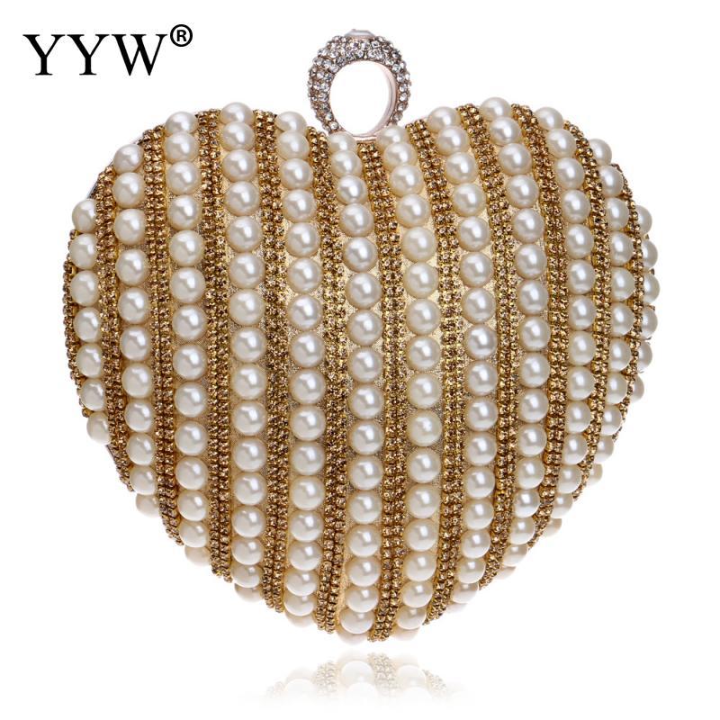 

Trendy Plastic Pearl Crystal Heart Clutch Bag Exquisite Finger Ring Handbag Wedding Evening Purse Luxury Rhinestone Party Pouch, Black