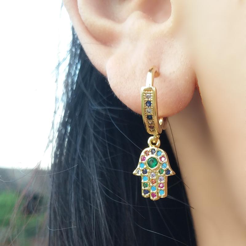 

Hoop & Huggie Cute Pretty Hamsa Ring Earring Huggies CZ Two Piece Jewelry Pendientes Cristales Colores Rainbow Fatima Hand Earing