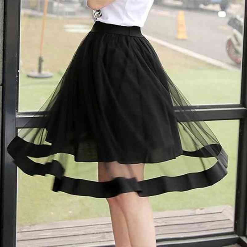 

Womens Summer High Waist Pleated Swing Knee Length Tutu Skirt Sheer Mesh Patchwork Solid Black Lined Dance Party Petticoat