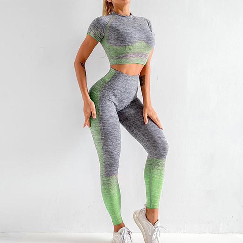

Women Yoga Sets Yoga Short Sleeve High Waist Sport Leggings Gym Set Clothes Sports Suit Fitness Top Shirt Suit #Y71, Color 2