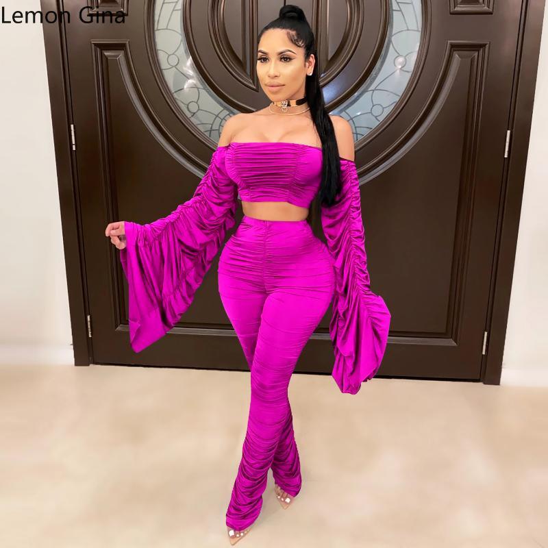 

Sexy Club Stacked Women's Set Off Shoulder Crop Top Ruched Pants Suit Active Wear Tracksuit Two Piece Fitness Outfit kg-423, Rose red