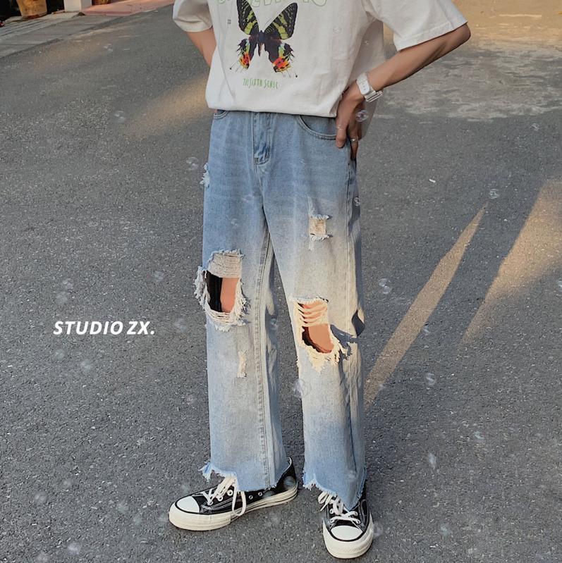 

2020 Spring And Summer New Youth Popular Big Hole Solid Color Loose Jeans Fashion Casual Straight Cropped Pants Blue -2XL, Light blue