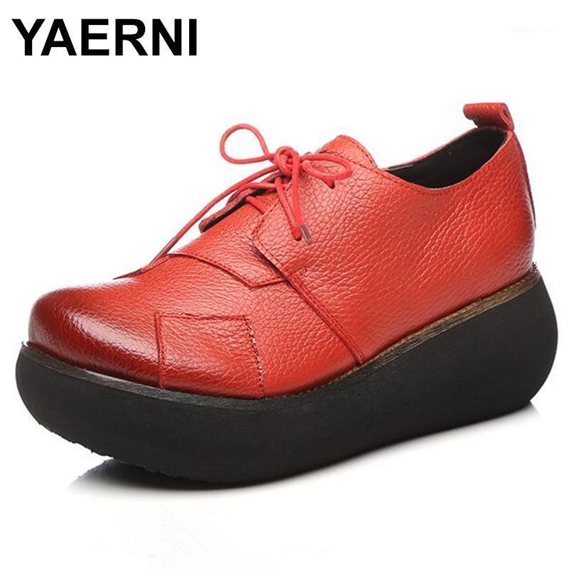 

YAERNI New Retro Genuine Leather Shoes Platform Wedges Women Shoes Comfortable Breathable Fashion High Heels 6 Cm E4231, Black
