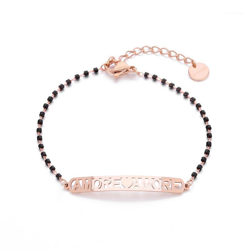 

Black Beaded Chain Bracelet Rose Rose Color AMORE Letters Stainless Steel Chain Heart Charm Bracelets For Best Friends New Gifts1