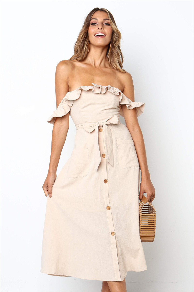 

2021 New Oufisun Fashion Sunmmer Sexy Girlie Off the Shoulder Plied Long Summer Beach Whith Belt Midi Dress RE0J, Pink